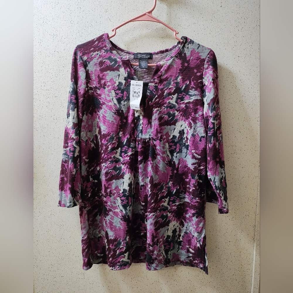 SML Design Women's Floral Blouse Easy Fit Keyhole Neck 3/4 Sleeve Made In USA